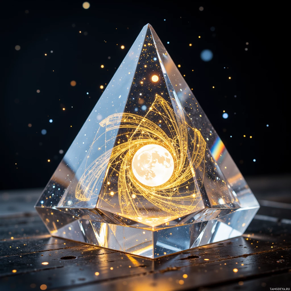 Semi-abstract image with many light, that is suitable for the post:  Translucent crystal tetrahedron etched with intricate golden ratio patterns on each facet, its surfaces shimmering like shifting stars and refracting moonlight into spiraling gold bands that project a holographic lattice of geometric resonant shapes.