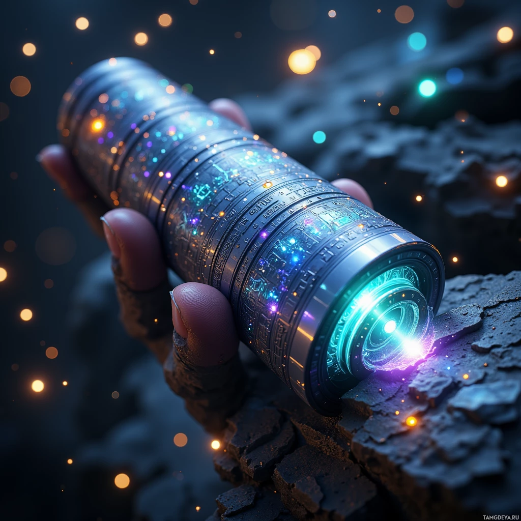 Semi-abstract image with many light, that is suitable for the post:  Sleek titanium cylinder with polymer skin, etched shifting glyphs that glow when held, emitting a faint shimmering micro‑time field, smooth organic curves, reflective metallic surface with subtle iridescence.