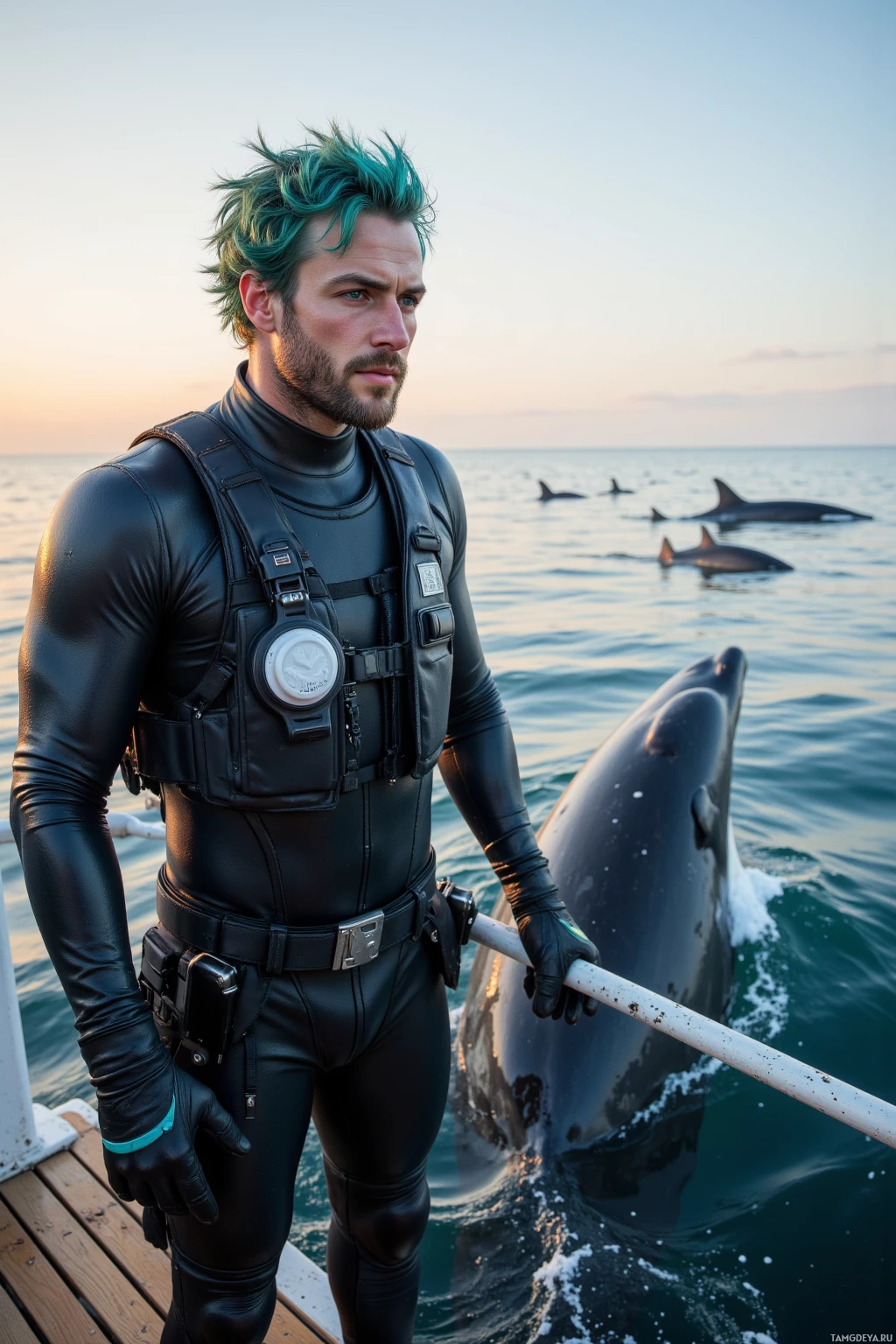 Realistic high quality photo. Man in his 30s with sea‑green tousled hair, blue eyes and pale weathered skin wearing a wetsuit, gloves, mask hanging from his neck, utility belt, standing on the wooden deck of a research vessel at dawn, co‑singing with a humpback whale while waves lapping around him and a pod of killer whales is visible in the distance.