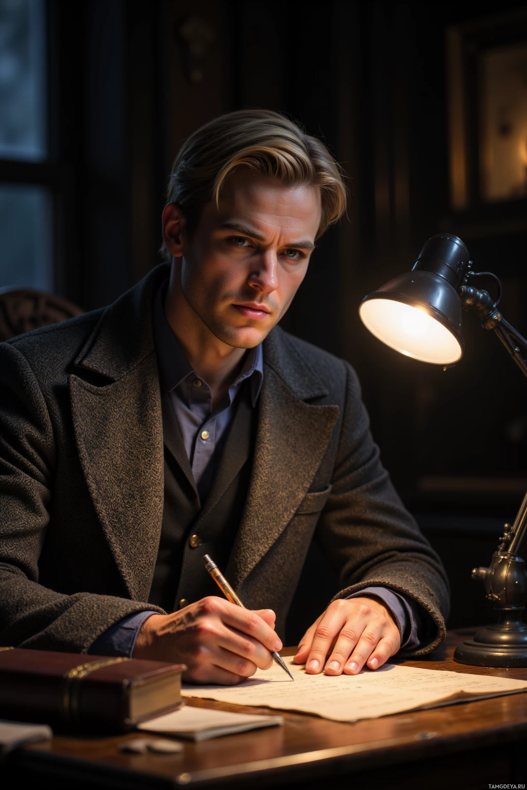 Realistic high quality photo. Man, 39, with short blonde hair, blue eyes, square jawline, wearing a tweed jacket and button‑up shirt, sits at a wooden desk in a dimly lit study, illuminated by a single desk lamp, tracing fine ink on parchment while reviewing historical details late at night.