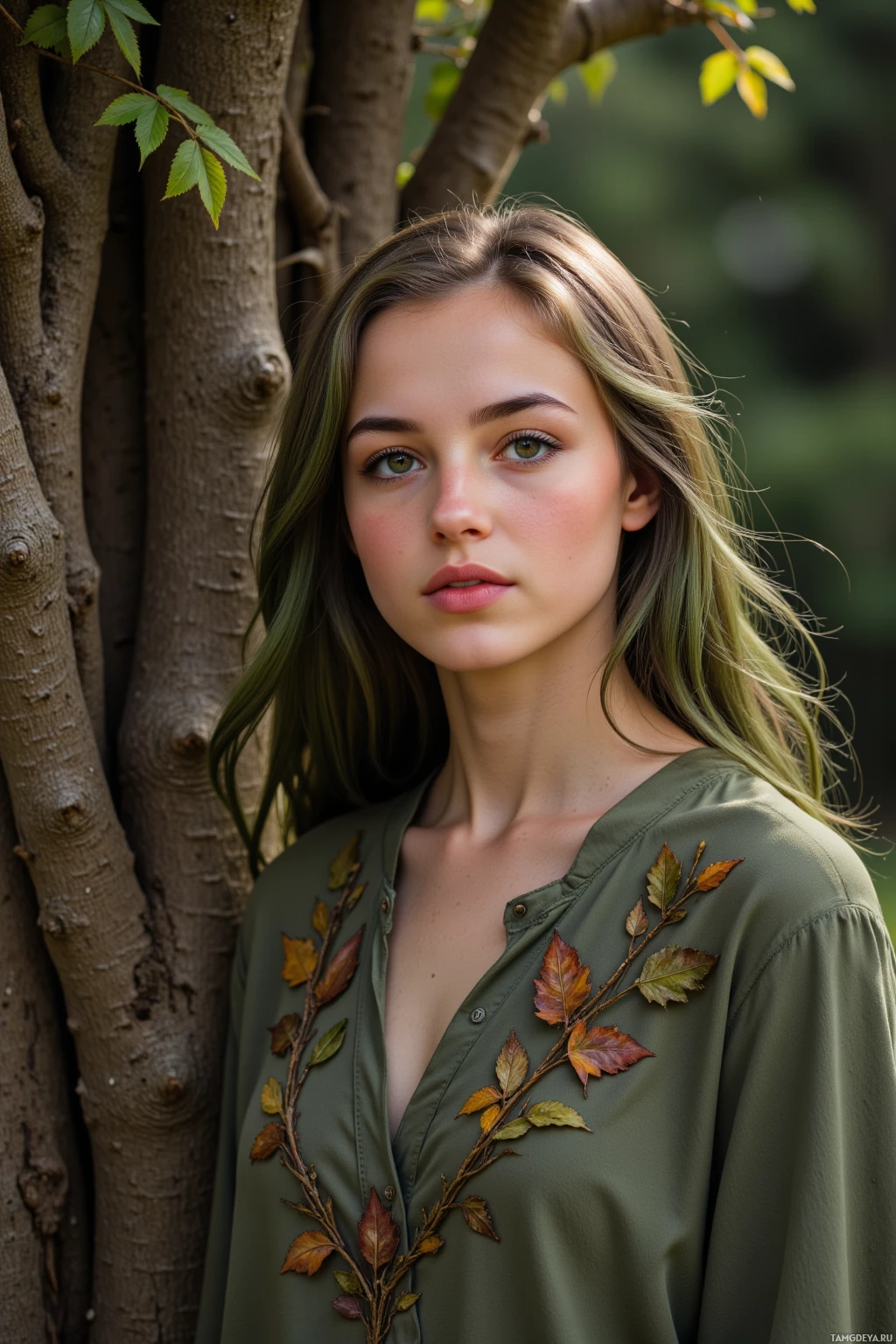 Realistic high quality photo. A serene 24‑year‑old woman with long flowing green hair and soft brown eyes, tan skin in earth‑tone clothing adorned with subtle leaf motifs, standing beside an ancient oak at twilight, softly singing lullabies to moss‑covered roots as wind twirls leaves around her, exuding calm protective harmony.