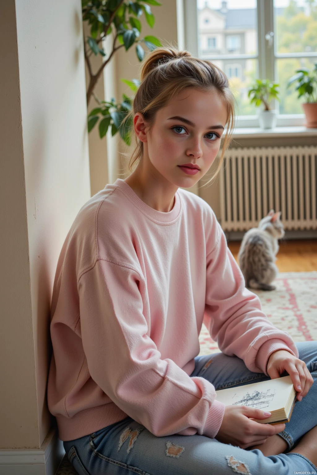 Realistic high quality photo. A 21‑year‑old woman with light brown hair in a messy bun, soft blue eyes, porcelain skin, wearing a pastel pink oversized sweater and light blue jeans, sits curled on a hallway rug with a sketchbook in her lap while a stray cat purrs near a window framed by green plants, creating a quiet, introspective and comforting interior.