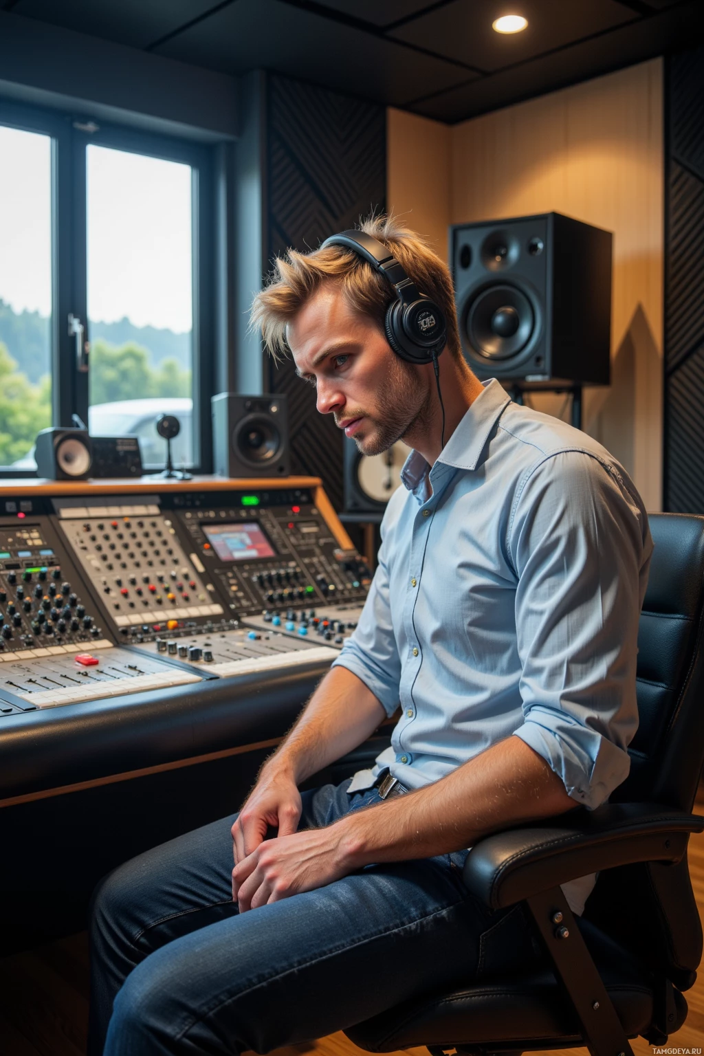 Realistic high quality photo. A 31‑year‑old man with short blonde hair, blue eyes, pale skin, wearing a crisp button‑down shirt and fitted jeans, sits in a modern soundproof studio amid a mixing console with faders and headphones, concentrating on precise adjustments with a subtle expression of focused frustration, light filtering through a window onto the intricate equipment, mid‑afternoon.
