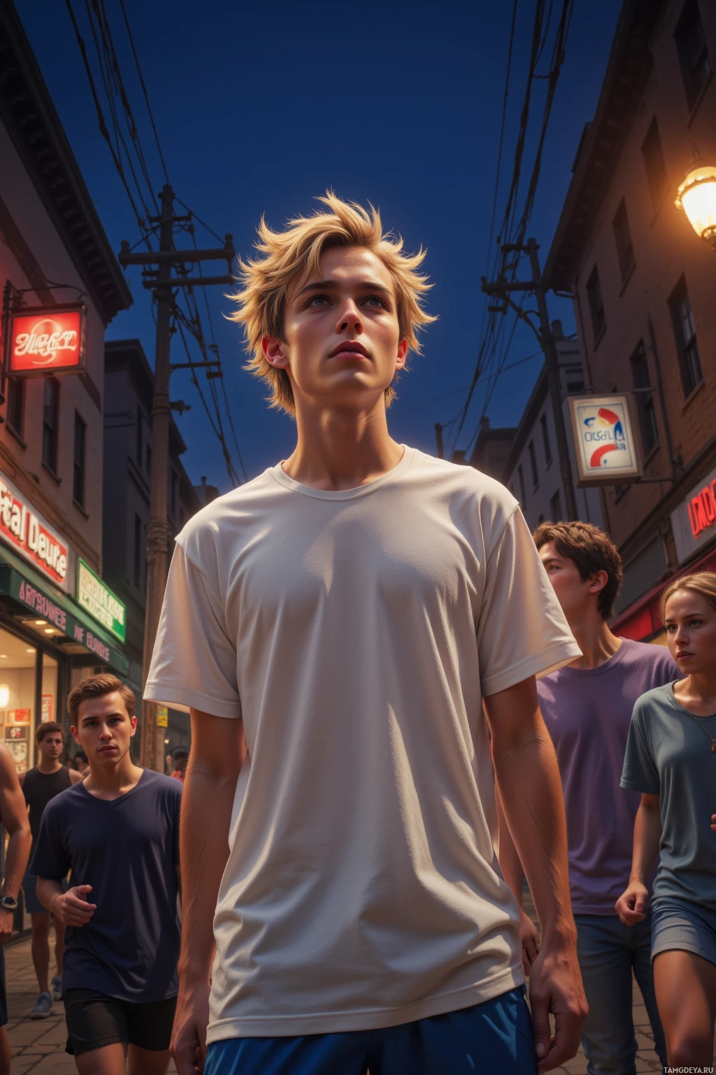 Realistic high quality photo. A 20-year-old male with short messy blonde hair, bright blue eyes, fair skin, wearing a white t-shirt and athletic shorts, standing on a dark city street at night under glowing shop signs, rallying a diverse group of friends with energetic gestures for a multiplayer showdown.