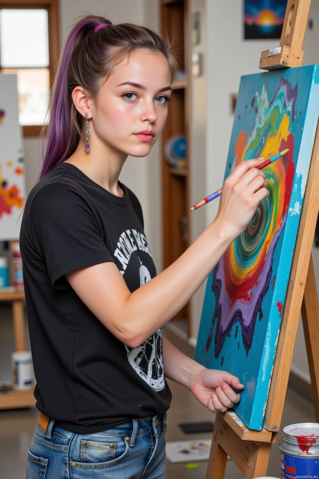 Realistic high quality photo. A young woman, 26, with violet hair tied in a casual ponytail and striking blue eyes, wearing denim jeans, a black graphic t‑shirt and bold artistic earrings, stands in an indoor painting studio surrounded by canvases, paint cans and swirling palettes of vivid electric colors as she layers paint on an unfinished canvas under warm natural light.