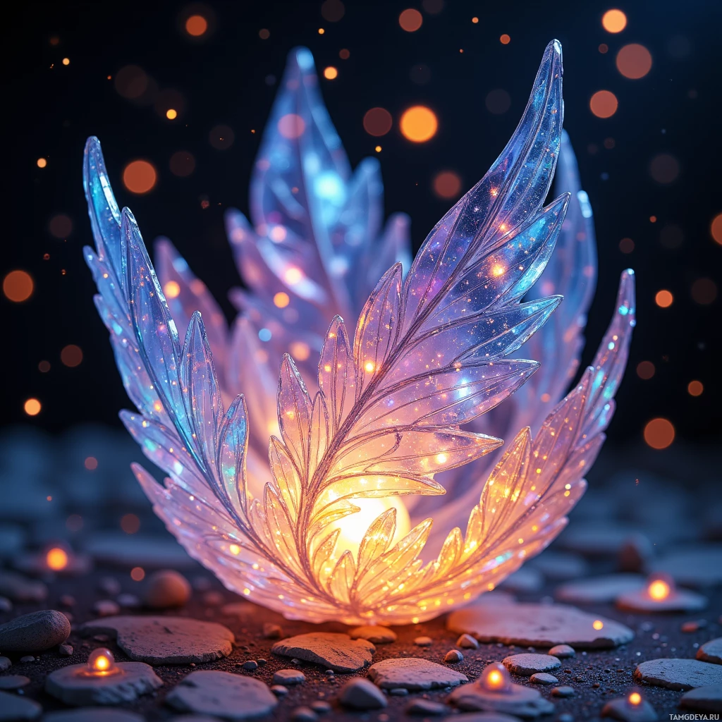 Semi-abstract image with many light, that is suitable for the post:  A delicate translucent crystal lantern with feather‑shaped glass wings shimmering in twilight hues, casting subtle luminous constellations and softly shifting iridescent colors.
