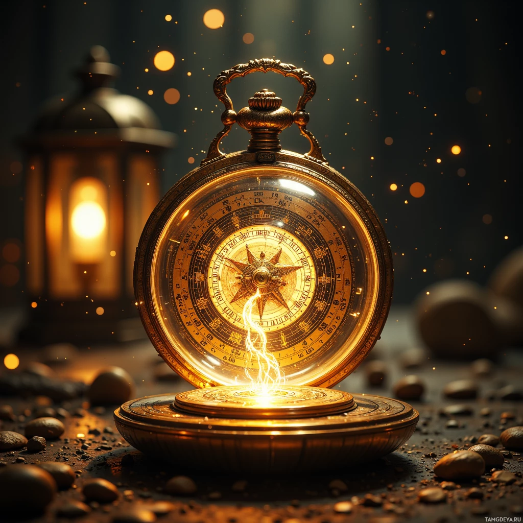 Semi-abstract image with many light, that is suitable for the post:  A small brass pocket chronometer with a polished brass case, transparent glass casing, hand‑wound movement, intricate engraved dial, and a subtle luminous projection hinting at a 3‑dimensional star map.
