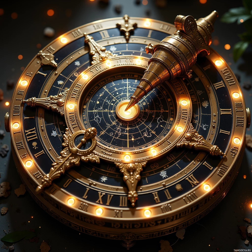 Semi-abstract image with many light, that is suitable for the post:  Polished bronze astrolabe with etched Roman numerals and intricate filigree, subtle LEDs glowing around its rim, a hidden solar panel beneath the outer edge powering a silently spinning inner wheel that projects detailed star constellations.