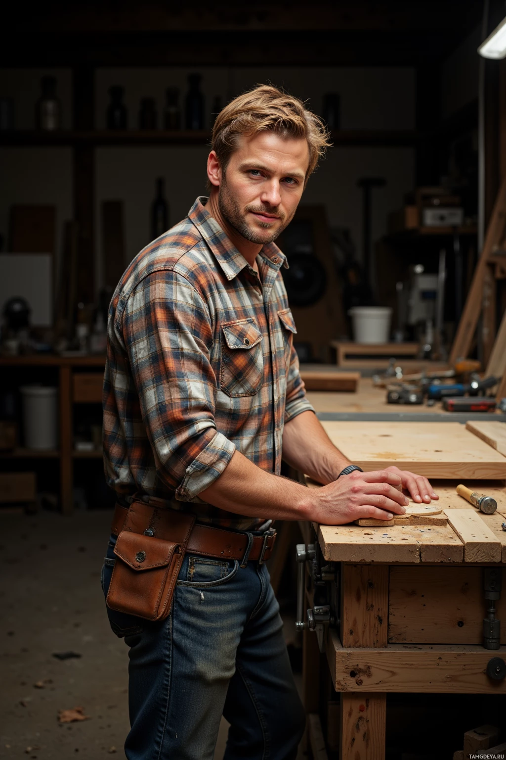 Realistic high quality photo. A rugged, weathered 35-year-old man with short blonde hair and blue eyes, wearing a plaid shirt, durable jeans, sturdy boots, and a tool belt, stands at a clean, organized workbench in a dim workshop, light slants across the bench casting long shadows, he has a slight smirk and focused gaze as he carefully aligns a dovetail joint with neatly arranged screws and tools.