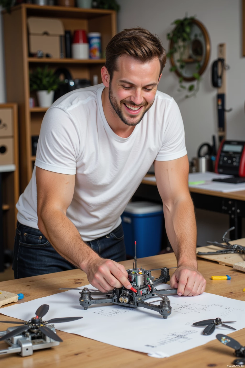 Realistic high quality photo. Man, 26, short brown hair, bright blue eyes, relaxed white t‑shirt and fitted dark jeans, laughing while assembling a DIY drone frame from scavenged parts in a cluttered home workshop at afternoon light, with a motor hiccuping, a propeller spinning backwards, three half‑finished boards on a table, and him sketching the next tweak with a pencil.