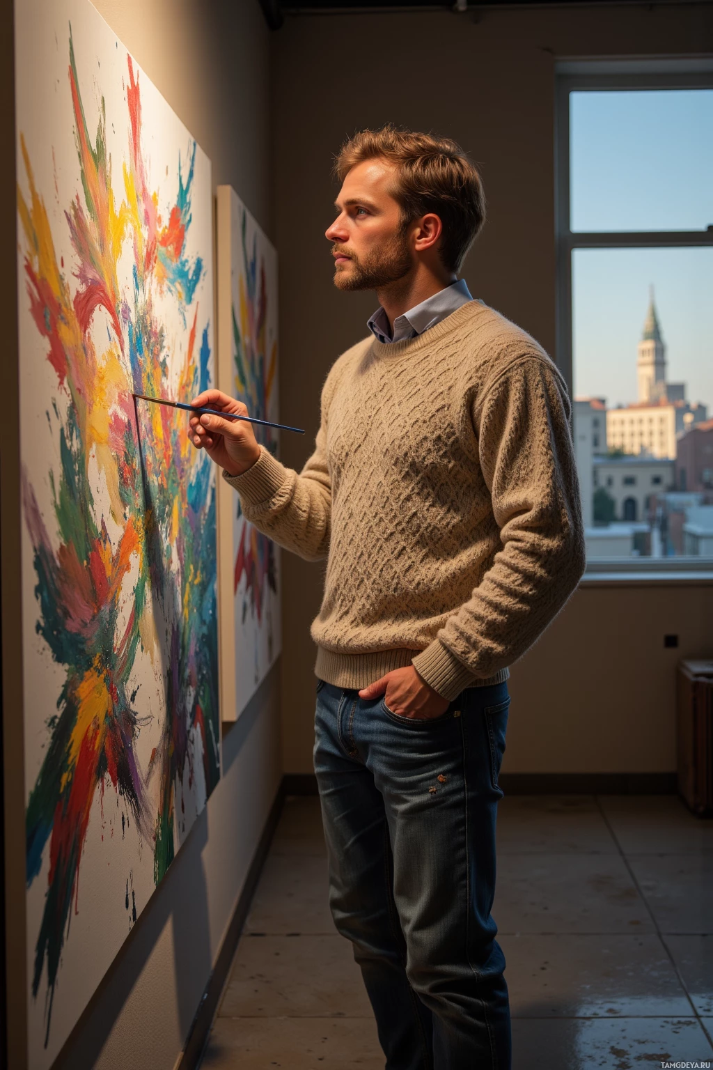 Realistic high quality photo. Male, 41, light brown hair, blue eyes, wearing a patterned relaxed sweater and classic jeans, standing in a quiet gallery at dusk with warm sunlight spilling across unfinished canvases, examining brushstroke textures with a contemplative expression while holding a paintbrush.