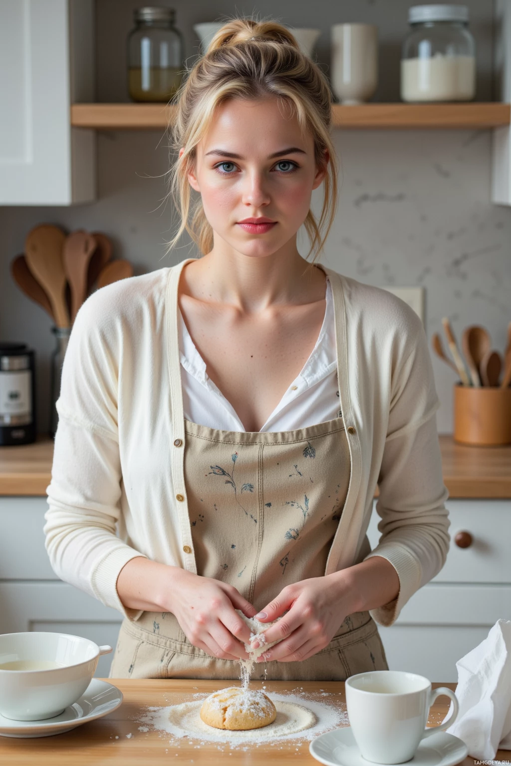 Realistic high quality photo. Woman, 28, wavy blonde hair in a loose bun and blue eyes, wearing a soft cream cardigan over a patterned apron and linen skirt, kneading flour on her fingers while arranging mismatched teacups on a kitchen table, with a sourdough starter bowl beside a slightly salty cookie on a plate, folded heart‑shaped napkins on a velvet linen floor, all illuminated by warm indoor light in a modern realistic kitchen.