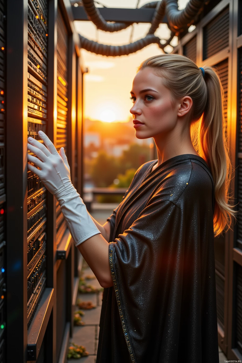 Realistic high quality photo. A woman, 34, long blonde hair in a sleek ponytail, blue eyes, porcelain skin, wearing a shimmering cloak over long white gloves, stands amid rows of antique server racks at sunset, coaxing a glowing rune of code from a silent repository, her posture calm and precise as the golden light bathes the room, reflecting her methodical archivist nature.