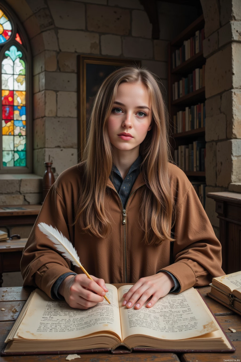 Realistic high quality photo. A 30‑year‑old female historian with long light brown hair, warm hazel eyes, slender face with high cheekbones and pointed chin, wearing an earthy‑toned cloak, sits on a worn wooden stool in a stone‑walled ancient archive where stained‑glass windows spill shifting colored light across the floor, parchment spread before her, quill held as a thread of mythic runes winds around it.