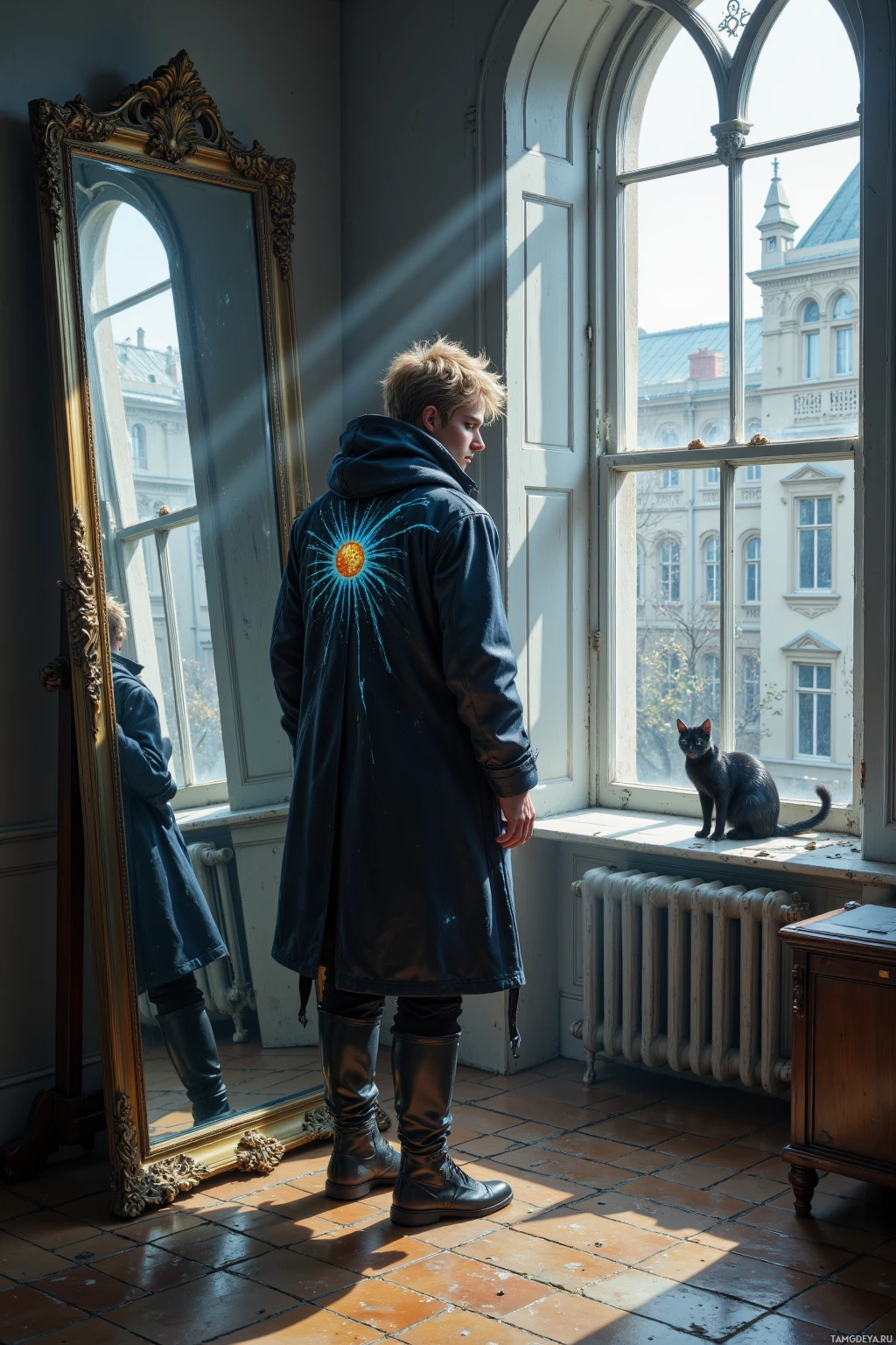 Realistic high quality photo. Tall male with short messy blonde hair and piercing blue eyes, wearing a reflective black coat that shimmers with shifting light patterns, standing at noon inside a still room before an irregular mirror that constantly changes angles, while a cat watches flickering light on the windowsill as he sketches precise yet unfinished lines in bright natural daylight.
