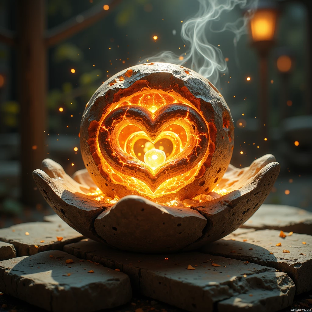Semi-abstract image with many light, that is suitable for the post:  palm-sized stone lantern carved with glowing golden runes that pulse like a heartbeat, emitting soft amber light and a gentle mist, intricate weathered stone texture, warm radiance.