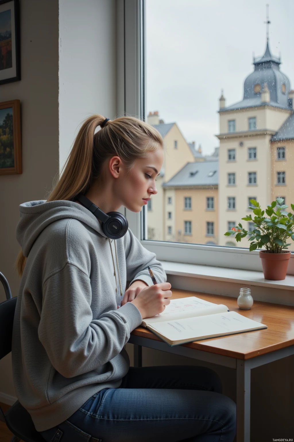 Realistic high quality photo. 26‑year‑old woman with long blonde ponytail and blue‑green eyes, wearing an oversized hoodie and simple jeans, sits at a small wooden desk in her quiet apartment by a rainy city window where light rain falls on the glass, tracing lines in a notebook while headphones rest around her neck.