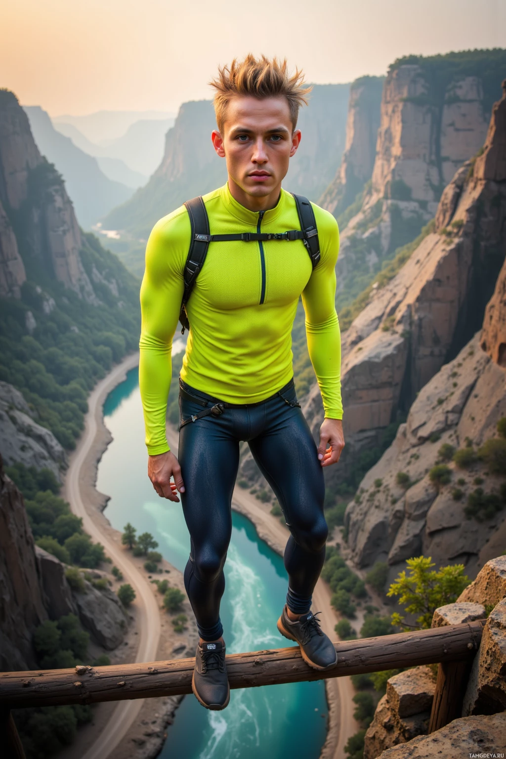 Realistic high quality photo. Young man, 27, spiky blonde hair, striking blue eyes, pale skin, strong jawline, wearing neon-colored tight‑fitting activewear, standing on a cliff edge in a canyon at dawn, wind whipping his hair as he prepares to jump off a rail near a river with a small crew watching behind him.