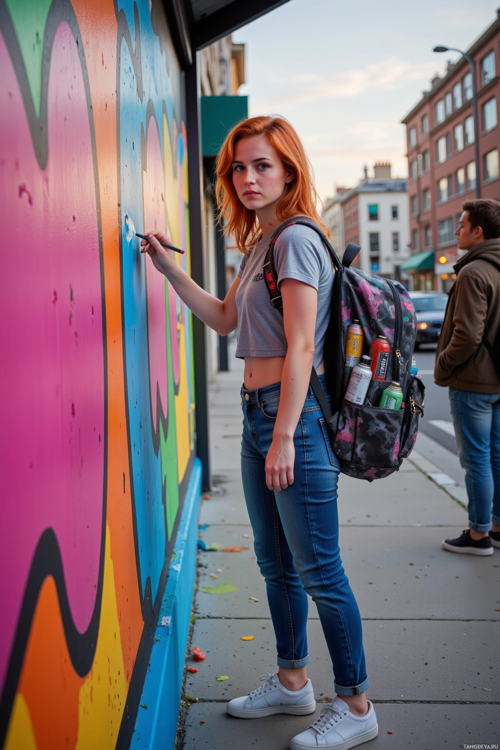 Realistic high quality photo. Red-haired woman with messy bright red hair, jeans and graphic tee, sneakers, backpack of spray cans, standing beside an urban bus stop painting a sudden burst of vivid color on the wall; commuters pause with surprised smiles on the curb at twilight.