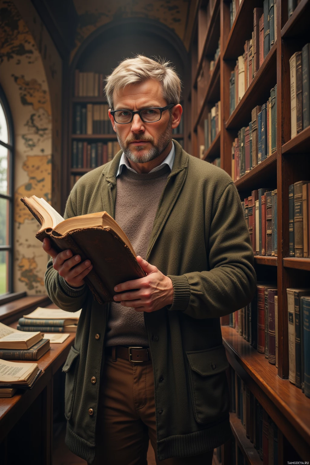 Realistic high quality photo. A 35‑year‑old man with short gray hair, blue eyes, pale skin, wearing a cozy sweater and reading glasses, holding a thick book, shuffling book shelves in a quiet library filled with antique maps under soft morning light.