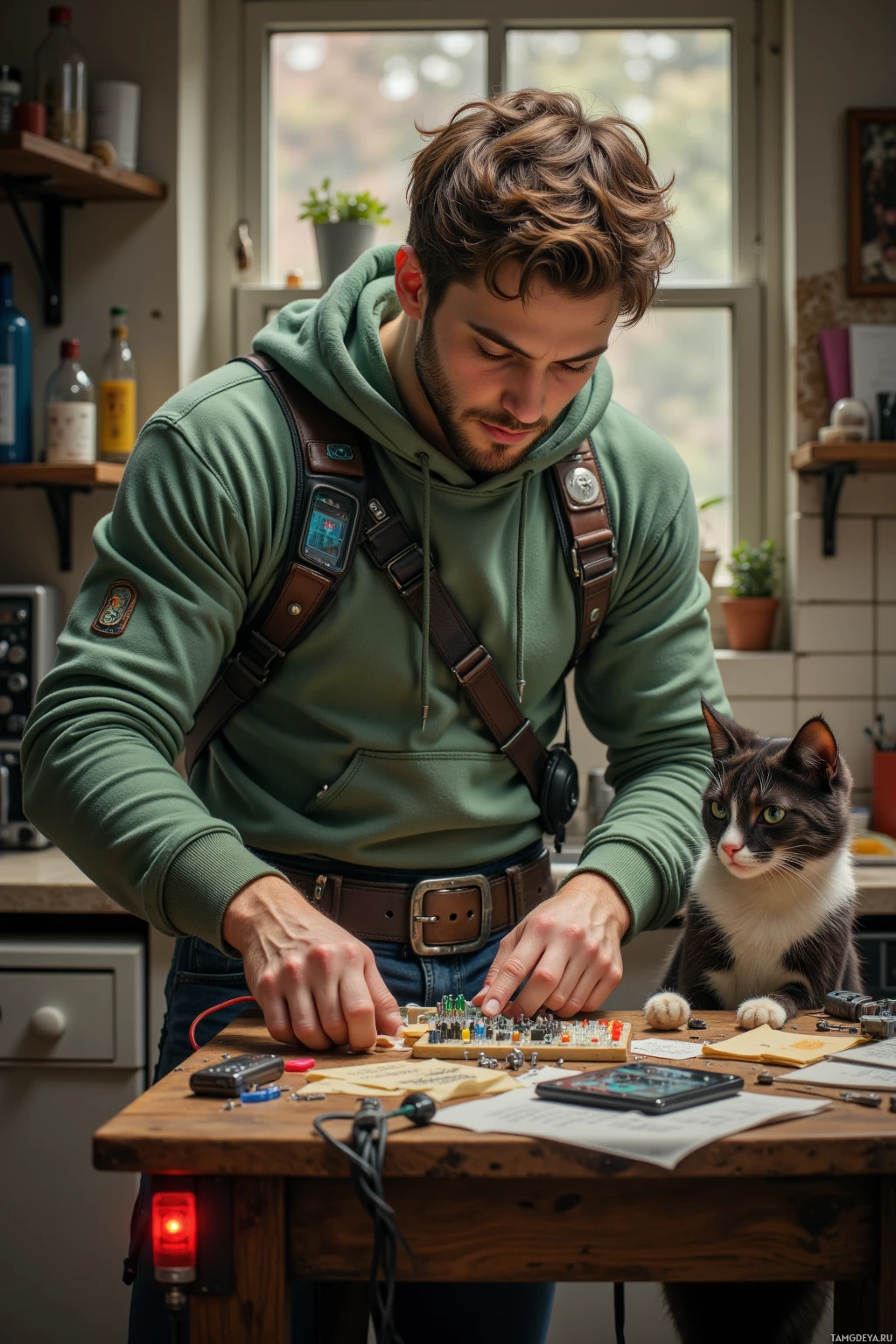 Realistic high quality photo. A 22‑year‑old man with short light brown hair, blue eyes, fair skin, wearing a worn green hoodie with pockets and a utility belt of retro tech gadgets, is in a cluttered kitchen working at a small table with mismatched screws, a breadboard blinking LEDs, a proximity sensor, while a curious cat watches.