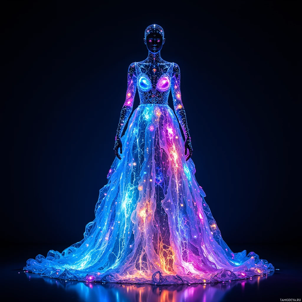 Semi-abstract image with many light, that is suitable for the post:  Luminous self-shifting dress made of graphene silk woven with a matrix of micro‑LEDs, shifting from deep midnight blue to pulsating neon jungle patterns, dripping watercolor gradients, and strobe‑lit kaleidoscopic flashes, all seamless and glowing in real time.