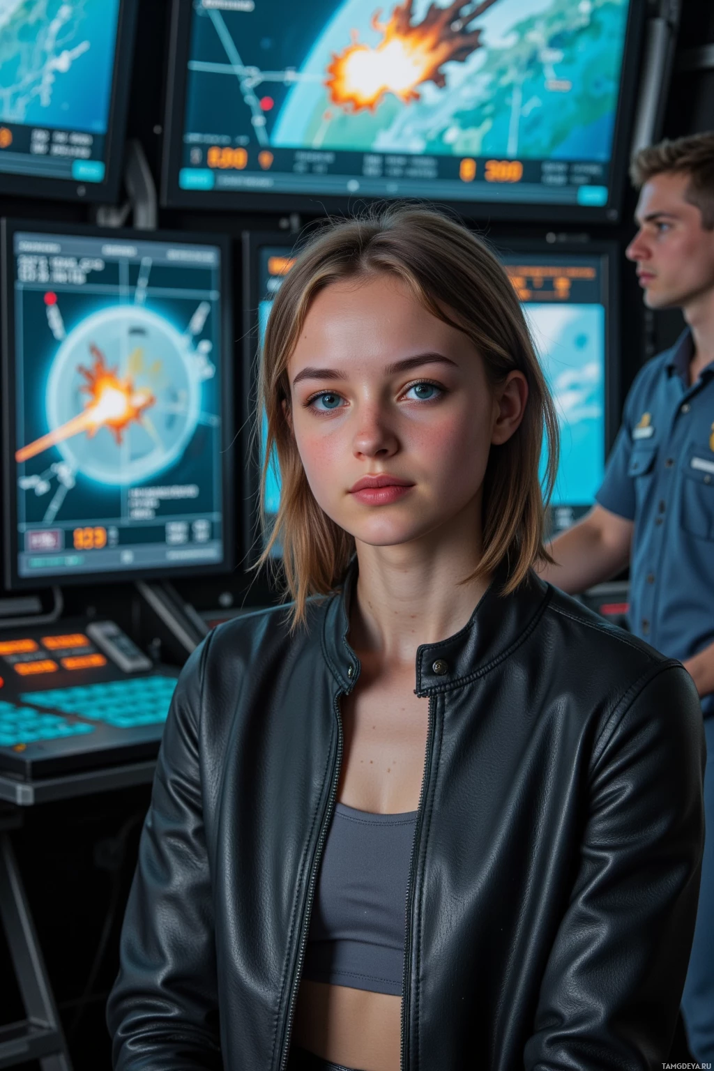 Realistic high quality photo. Female 26, light brown messy bob, blue eyes, wearing black leather jacket, grey tank top, high‑waisted dark jeans, white sneakers, grinning with a hint of tears as she maps micro‑patterns of enemy fire on holographic displays in a futuristic control room, a slow backup drone hovering, crew members coordinating around her in a tense but collaborative atmosphere.