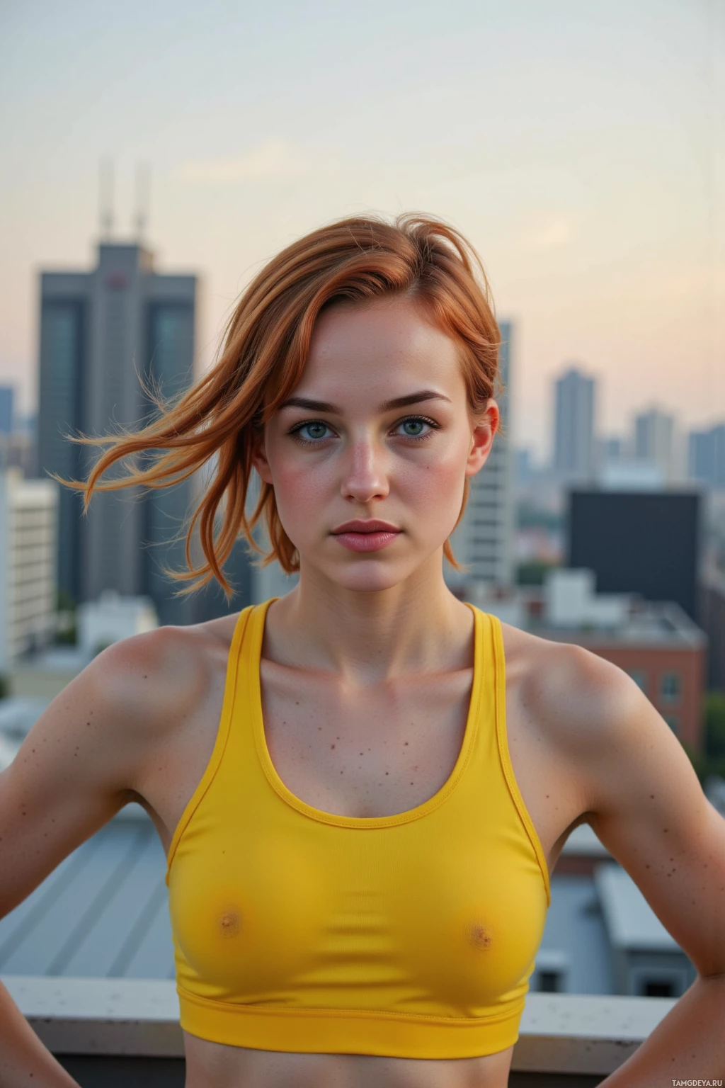 Realistic high quality photo. Athletic woman, 33, short fiery red hair, pale skin, piercing blue eyes, wearing bright yellow sportswear, confidently stretching on a rooftop at dusk with a modern cityscape in the background, wind swirling around her.