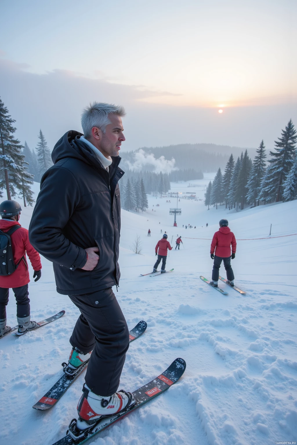 Realistic high quality photo. A short white-haired male skier in a sleek black winter jacket and ski pants stands on the edge of a snow‑covered lift at dawn, shouting encouragement as teammates execute high‑speed turns and one performs a perfect 180, breath steaming in the early morning haze.