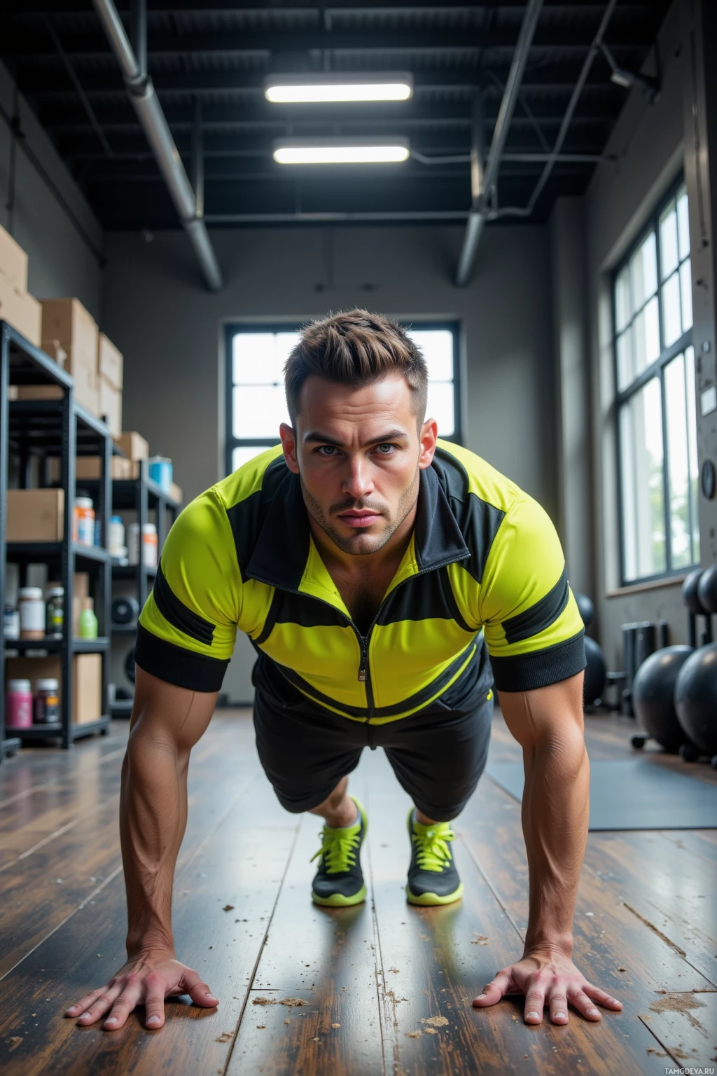 Realistic high quality photo. Morning in a minimalist gym with exposed steel arches, a muscular 35‑year‑old man with short dark hair, blue eyes, wearing a neon‑striped sports jacket and neon green shoelaces, doing push‑ups on a wooden floor while chalk dust swirls around and protein jars line a steel shelf behind him.