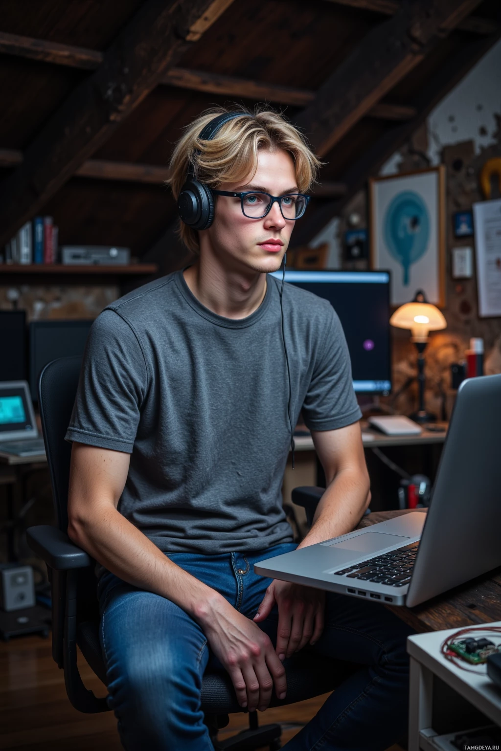 Realistic high quality photo. A young man with messy blonde hair and clear blue eyes, wearing a simple grey shirt, jeans, low glasses, sits in a dimly lit attic cluttered with tech gear including a Raspberry Pi, his laptop open to code on the desk, headphones on, focused expression, late evening.