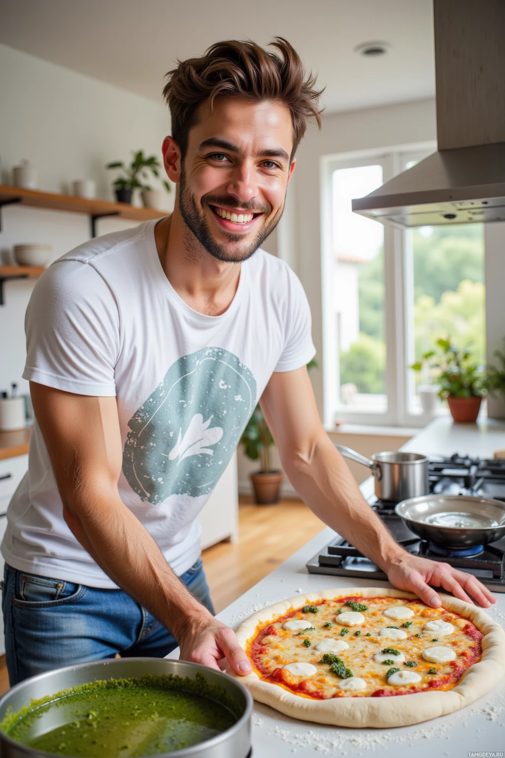Realistic high quality photo. A 27‑year‑old man with messy brown hair, bright blue eyes, friendly smile, wearing a white graphic t‑shirt and jeans, laughing as he spins pizza dough on a modern kitchen floor while a pot of pesto simmers on the stove, with a freshly cracked pizza crust and bright daylight streaming in.