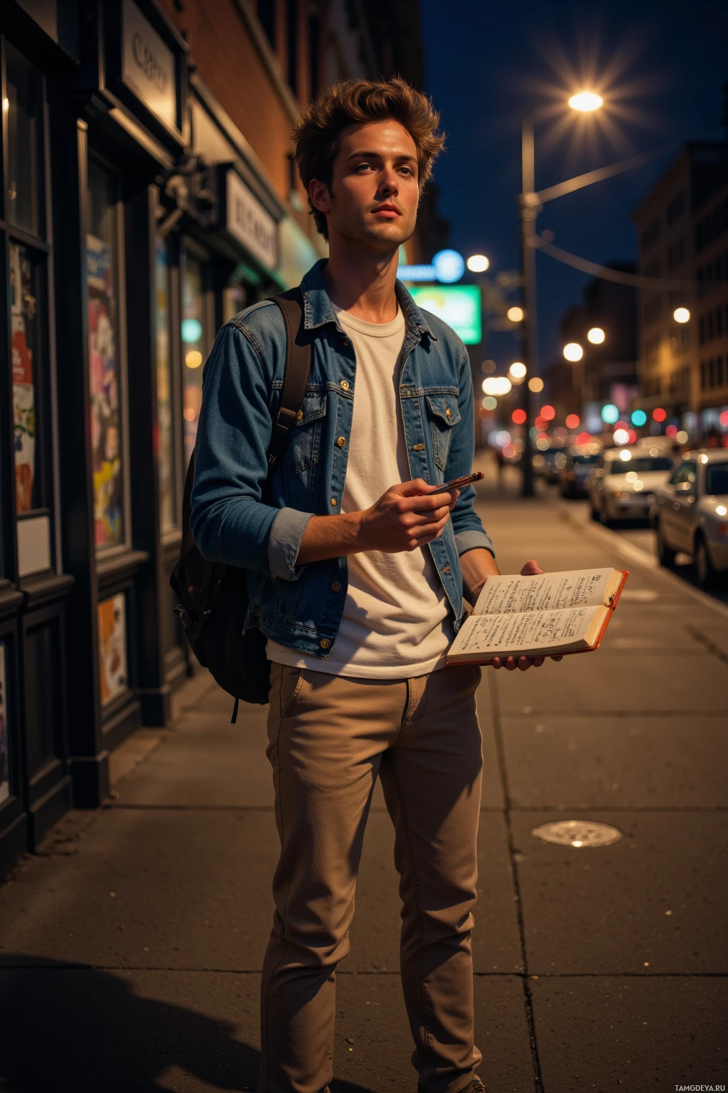 Realistic high quality photo. A 27‑year‑old man with light brown tousled hair, blue eyes, fair skin, wearing a faded denim jacket over a cream vintage t‑shirt and slim beige chinos, standing on a cracked sidewalk at night under dim streetlights, holding an open notebook with handwritten lyrics, humming quietly, surrounded by neatly arranged amp cables and a single mismatched sock peeking from a drawer, with late‑night traffic in the background.