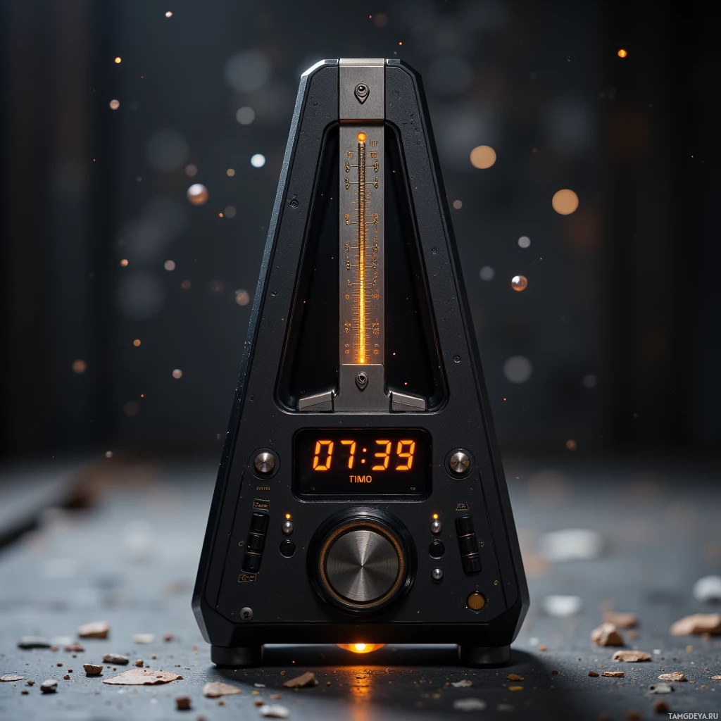 Semi-abstract image with many light, that is suitable for the post:  A sleek custom titanium metronome set featuring a matte black chassis with polished brass and brushed steel accents that pulse LED lights in time with each tick, an embedded digital readout displaying microsecond intervals like a tiny oscilloscope, a pressure‑sensing pad at the base, and precision weight distribution for zero vibration.