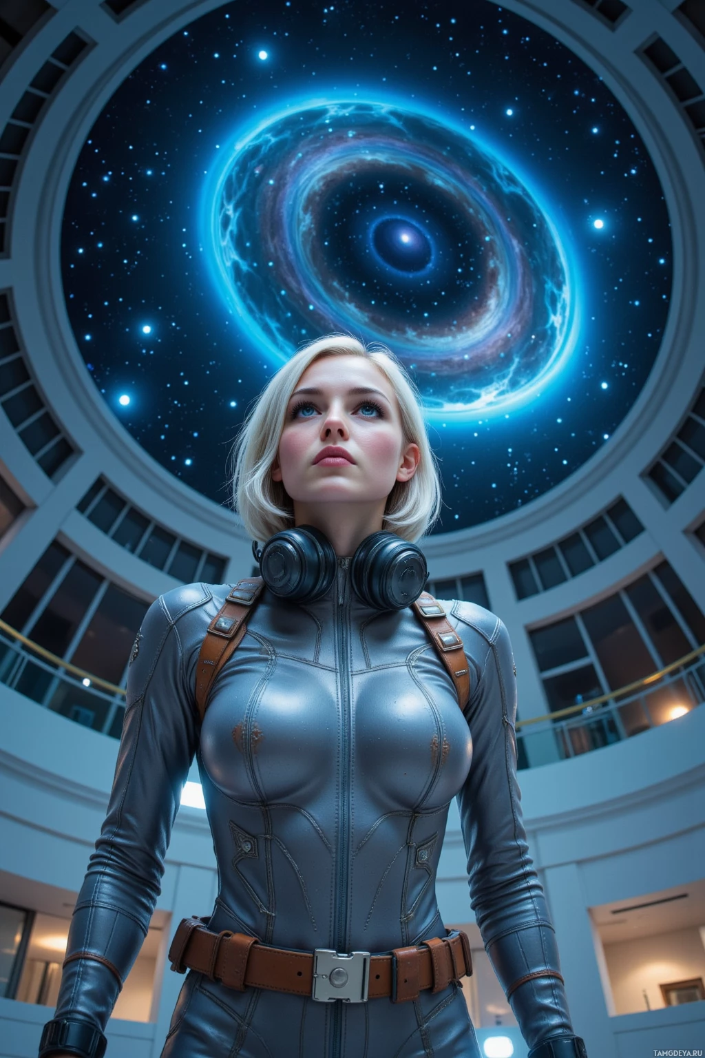 Realistic high quality photo. A slender 25‑year‑old woman with sleek silver hair, piercing blue eyes, pale skin wearing a fitted shimmering jumpsuit with utility belts and goggles around her neck stands beneath a vaulted cathedral‑like dome of a futuristic observatory at night, gazing up as holographic equations of distant galaxies float against a star‑filled sky.