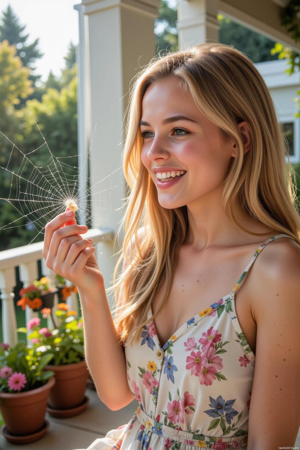 Realistic high quality photo. A young woman with long blonde waves, sparkling blue eyes, wearing a light pastel sundress, laughing on a sunny porch at a glistening spiderweb that looks like a miniature galaxy, while her grumpy older neighbor in a green gardening apron looks surprised at the playful rhyme, surrounded by potted plants and warm afternoon light.