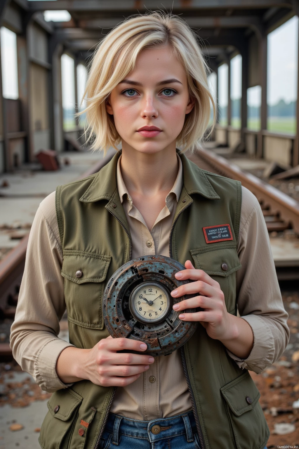 Realistic high quality photo. 42‑year‑old woman with short blonde hair and blue eyes wearing a rugged utility vest over a faded work shirt and sturdy boots stands on a rusted abandoned overpass in an industrial ruin at afternoon light, holding a broken clock welded into an impossible spiral sculpture among crumbling metal beams.