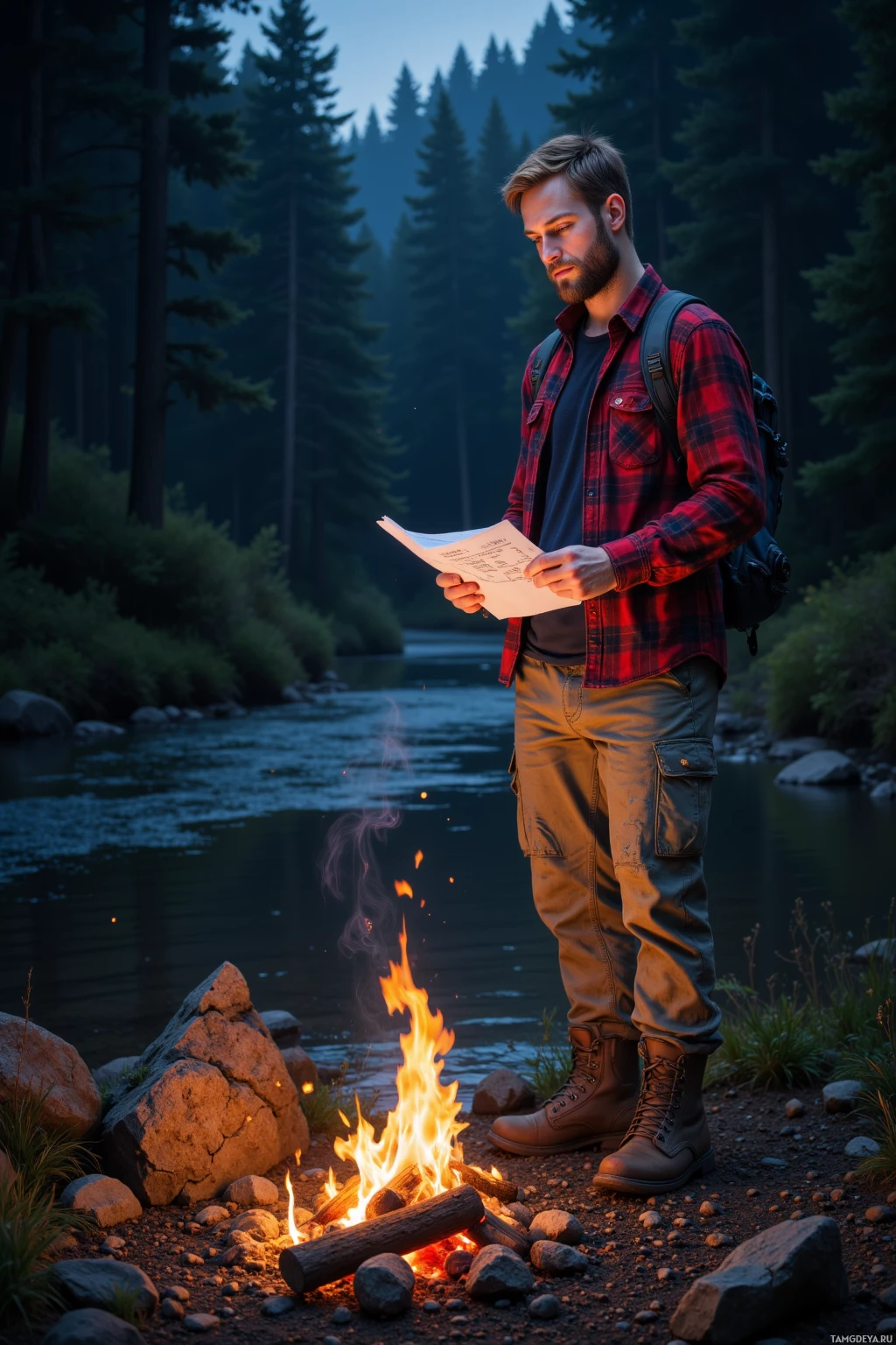 Realistic high quality photo. 35‑year‑old man with short light brown hair, beard, blue eyes, wearing red flannel shirt, olive cargo pants, scuffed hiking boots stands by a dark riverbank in a forest at night, staring into the water while a sputtering campfire struggles, holding paper with an unfinished flowchart of spotted species and a roasted marshmallow beside it, bugs buzzing around, S5 camera hanging from his belt.
