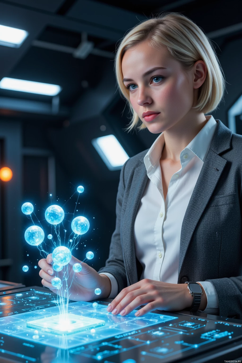 Realistic high quality photo. Female programmer, mid‑20s, short blonde hair, bright blue eyes, fair skin, high cheekbones, wearing a crisp white shirt under a minimalist gray blazer, standing at a futuristic console with holographic nanite swarm flickering over an asteroid‑deflection script panel, debugging code amid glowing 3D asteroids and blinking LEDs in a dim starship engineering bay.