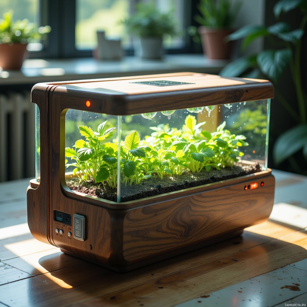 Semi-abstract image with many light, that is suitable for the post:  A sleek portable hydroponic garden kit with a polished walnut wooden frame, translucent glass panels, a small integrated solar panel on the top, and a compact AI control unit with subtle LED indicators.