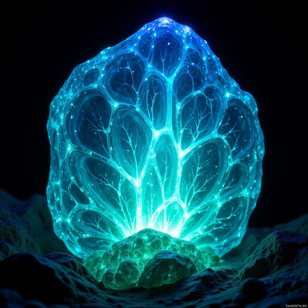 Semi-abstract image with many light, that is suitable for the post:  Translucent crystal with iridescent blue‑green glow, intricate bioluminescent ripple patterns across its surface, a pulsing luminous core, and visible lattice-like filaments etched throughout its structure.