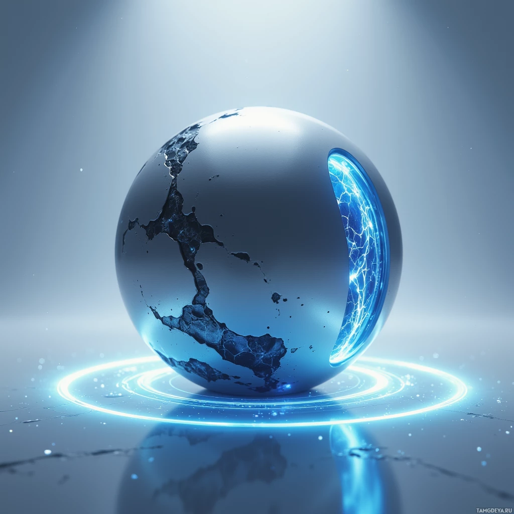 Semi-abstract image with many light, that is suitable for the post:  A sleek matte silver orb with a faint blue glow, a crystalline shell featuring graphene transducer elements, and a small side touchpad displaying a holographic waveform ripple.