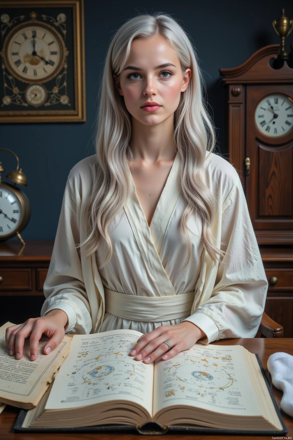 Realistic high quality photo. A silver-white-haired woman in layered white robes with faint gold patterns sits at a moonlit wooden desk, surrounded by a sideways-spinning clock, an open ledger of strangers' dreams next to a celestial alignment chart, small white socks tapping the walls like Morse code, and trophy-shaped objects displayed on a shelf as she gazes with patient green eyes.
