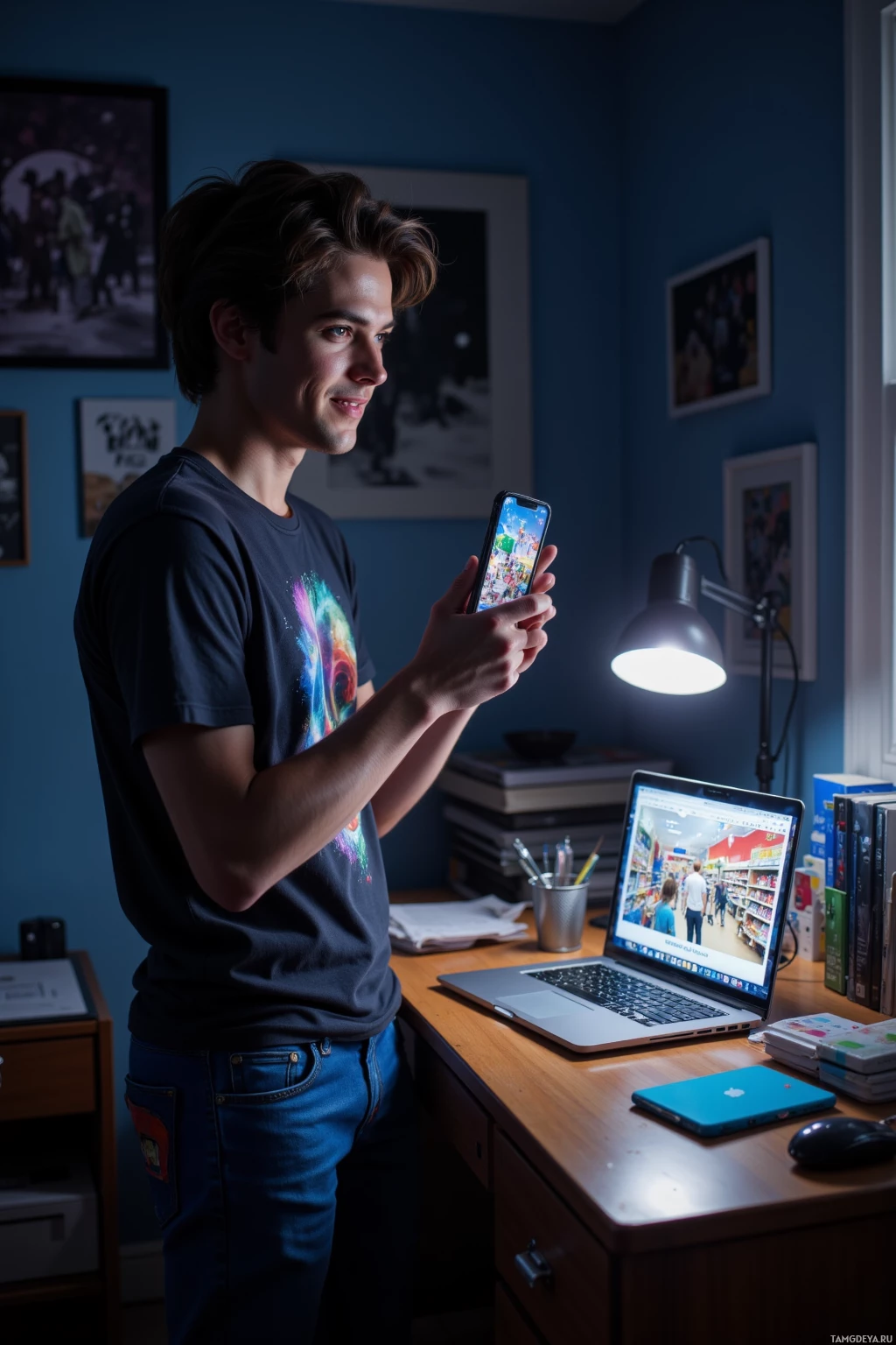 Realistic high quality photo. A 24‑year‑old man with messy brown hair, bright blue eyes and thick eyelashes, wearing a casual graphic tee and relaxed pants, standing in a dimly lit bedroom at midnight, holding a smartphone to take a photo of his laptop screen showing a meme of a grocery store queue turned cosmic tragedy, with a desk lamp casting soft light on his playful grin and the vibrant screen, surrounded by a cluttered desk.