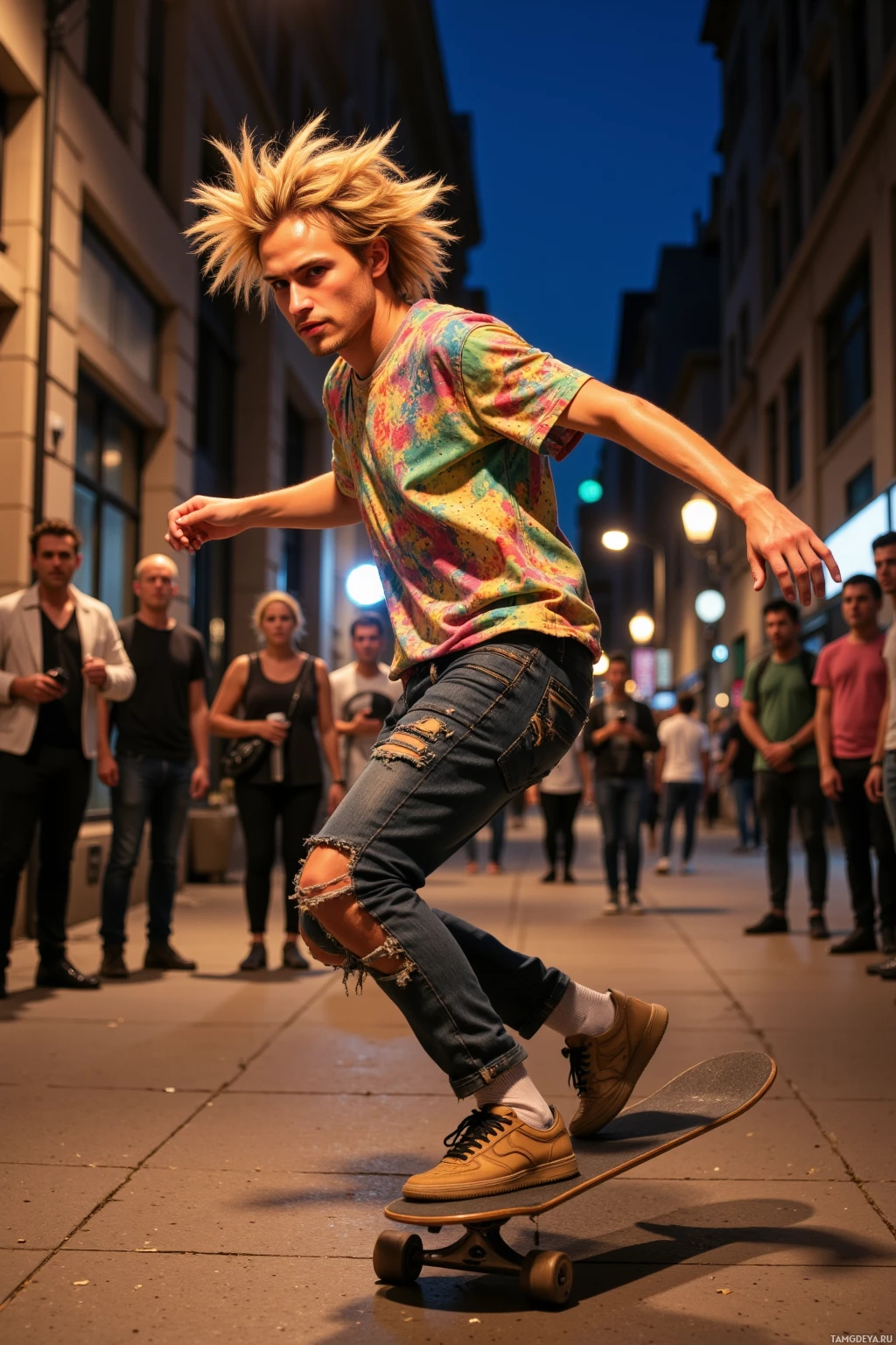 Realistic high quality photo. A 25‑year‑old man with wild, messy blonde hair and piercing blue eyes, wearing vibrant mismatched patterned clothes, spins a skateboard into rhythmic motion on an urban sidewalk at night, his hands moving in sync with the street’s heartbeat while a laughing crowd watches under warm streetlamp glow.