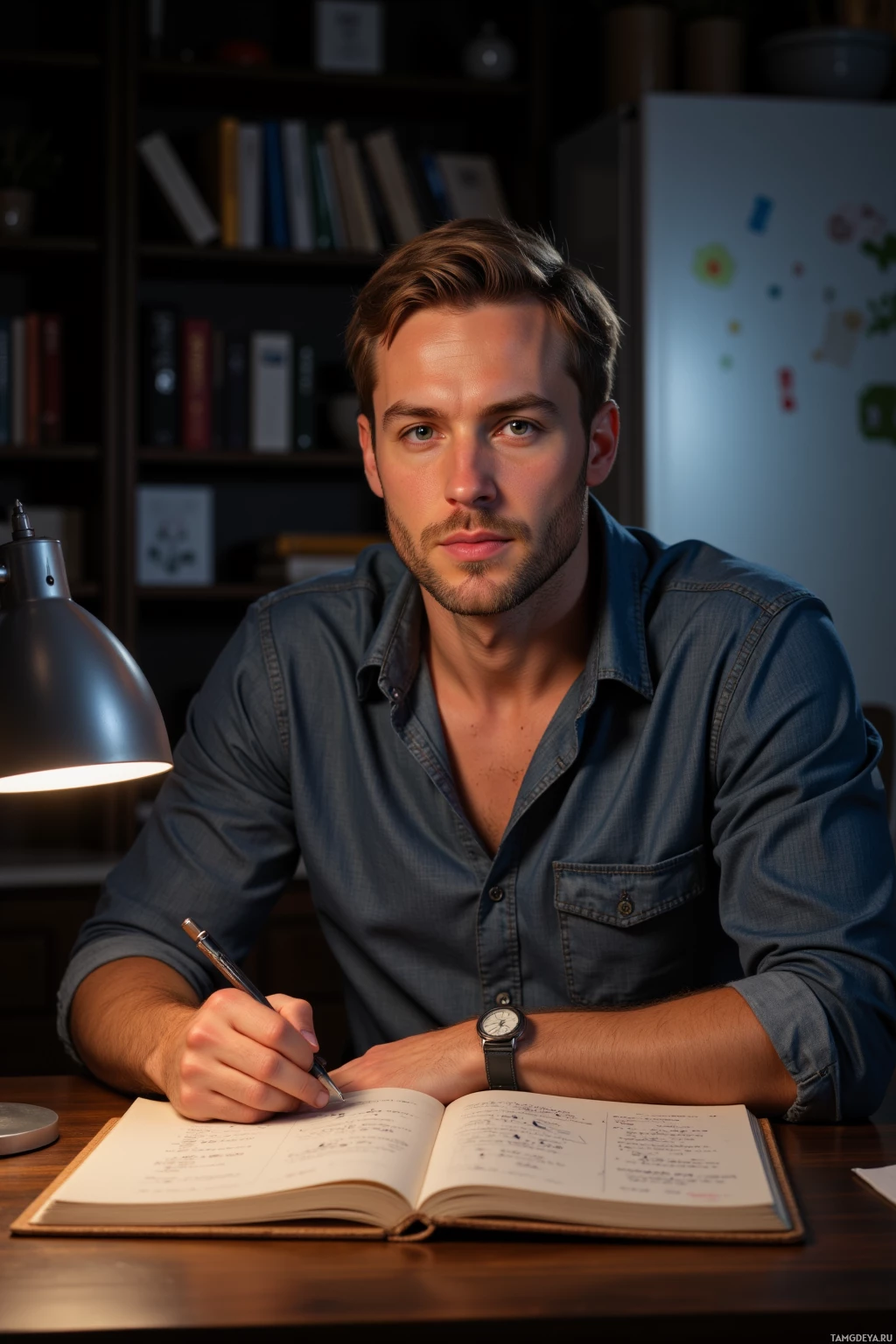Realistic high quality photo. Man, 37, short light brown hair, blue eyes, pale skin, refined features, wearing a casual button‑up shirt, sitting at a wooden desk in a cozy home office late evening, illuminated by a desk lamp, notebook open with doodles, fridge humming softly in the background, calm and methodical expression.