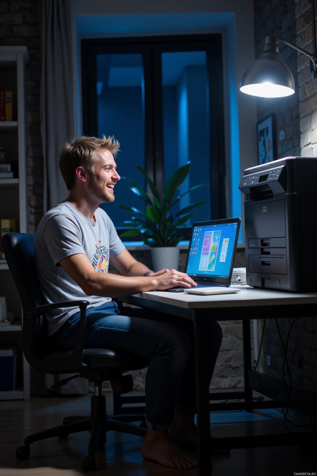 Realistic high quality photo. Late‑night apartment with dim lamp glow, a 28‑year‑old man with messy blonde hair, bright blue eyes, pale skin in a graphic t‑shirt and jeans sits at a desk laughing while livestreaming a roast of an office printer on his laptop, glitchy firmware GIF montage flashing on the screen amid quiet surroundings.
