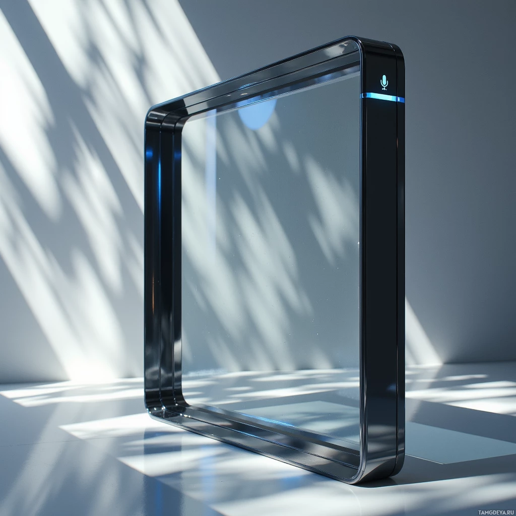Semi-abstract image with many light, that is suitable for the post:  Sleek silver glass digital photo frame with a rectangular crystal‑clear 4K display, a matte black touch sensor strip along the edge, a subtle glowing microphone icon, polished chrome edges, and a minimalist matte black bezel.