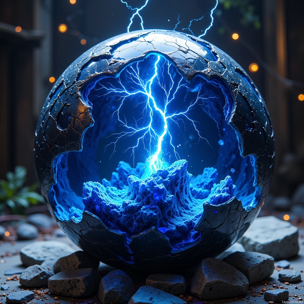 Semi-abstract image with many light, that is suitable for the post:  Dark sapphire sphere crackling with storm energy, its surface etched with shifting rune‑like thunderhead patterns, encased in storm‑iron alloy around an obsidian core that pulses with electric blue light and swirling lightning bolts.