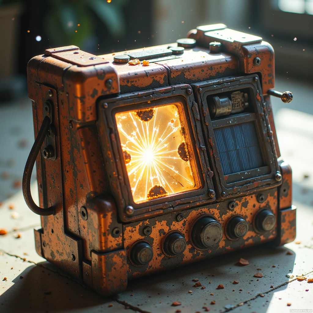 Semi-abstract image with many light, that is suitable for the post:  Battered handheld solar generator wrapped in rusted copper, cracked glass screen glowing under sunlight, modular attachment slots for a water purifier, tiny 3D printer, signal jammer and radio, hidden battery compartment, exposed oxidized circuitry and exposed metal hinges.